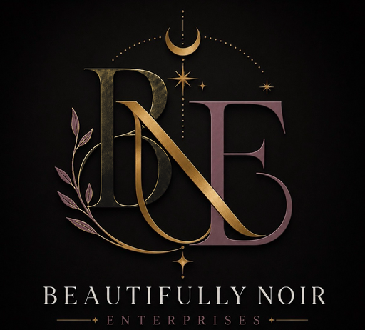 Beautifully Noir Enterprises crest: B N E monogram in charcoal, gold and mauve beneath a crescent moon and stars